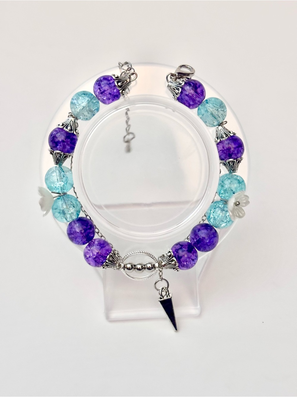 Hand Crafted Purple & Aqua Crackle Bead Bracelet with Silver Spike Charm